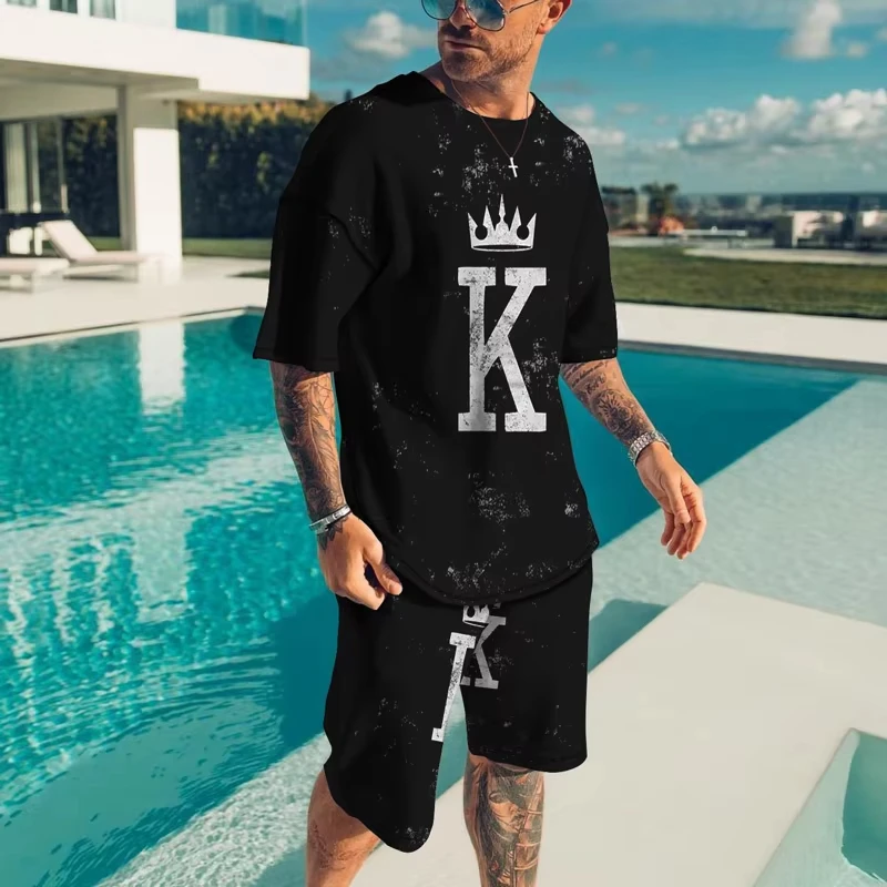 Nieuwe zomer herenpak oversized kleding tweedelige set vintage casual streetwear 3D gedrukt strandset heren t-shirt shorts outfits