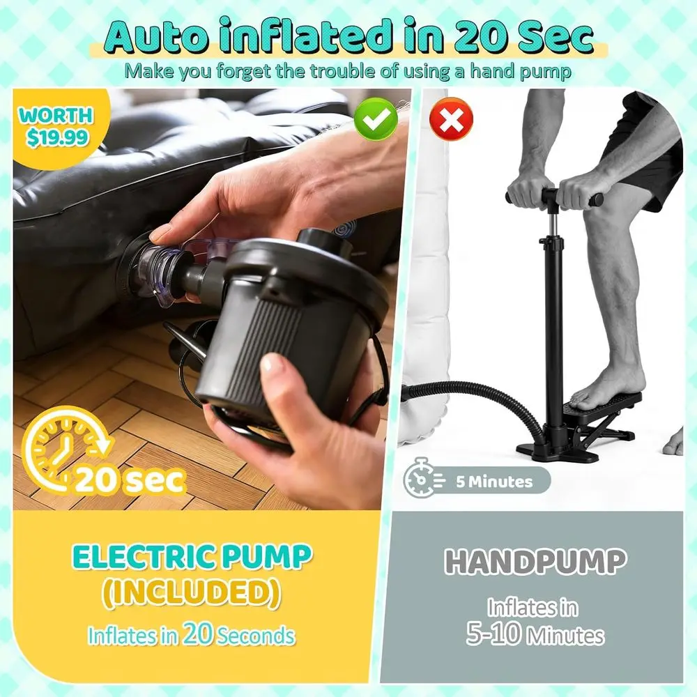 Portable Kids Air Mattress with Safety Sides, Electric Pump, and Carry Bag - Lightweight Toddler Travel Bed for Outdoor Sleeping