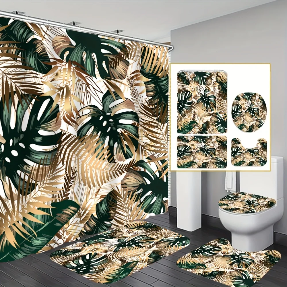 

4pcs Monocissus leaf Shower Curtain Set, Decoration Bathroom Set Including High Quality Shower Curtain, Non Slip Floor Mat
