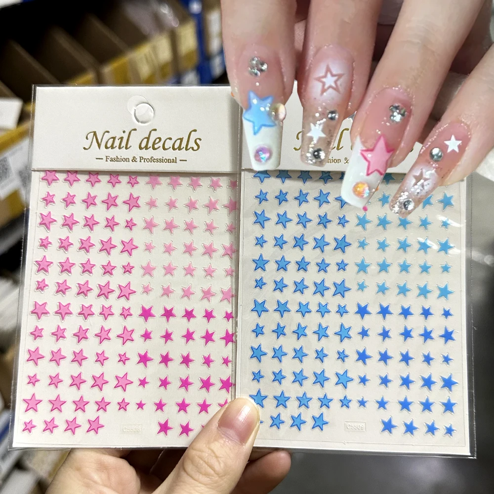 

2pcs 3D Kawaii Colorful Stars Nails Stickers Irregular Pentagram Heart Shiny Nail Decorations Self Adhesive Decals Accessories