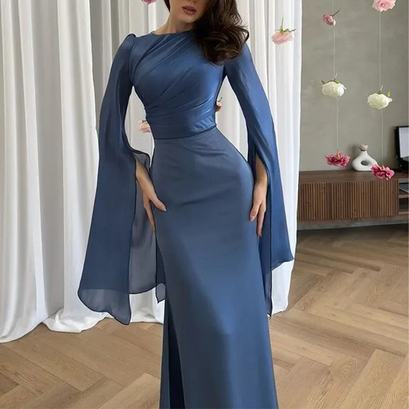 

Customized Classic Modern Style Chiffon Pleat A-line O-Neck Long Dresses Prom Dresses Fashion High Quality Simple Classic Elegan