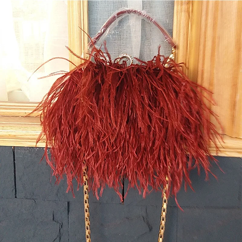 

Women's Evening Bags 2024 Trend New Brand Ostrich Hair Banquet Bag Luxury Designer Handbags Fashion Chain Shoulder Clutches