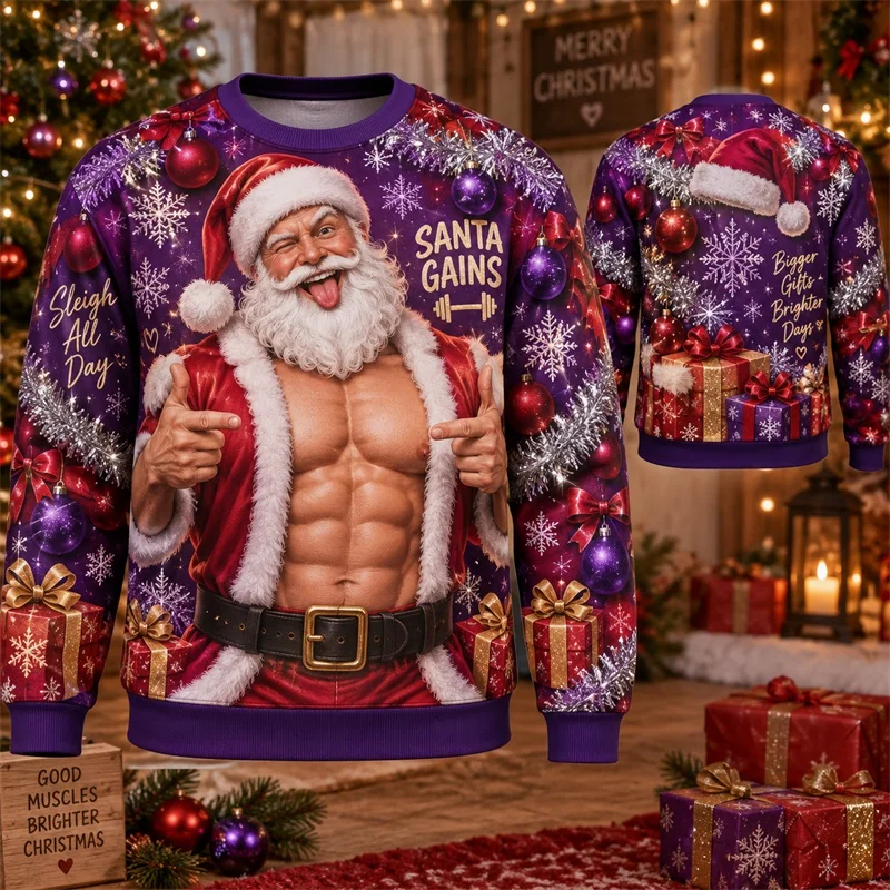 Men's Ugly Christmas Sweatshirt 3D Print Mountain Ski Explorer Muscle Pattern Pullover hoodie Funny Xmas sweater Christmas Gift