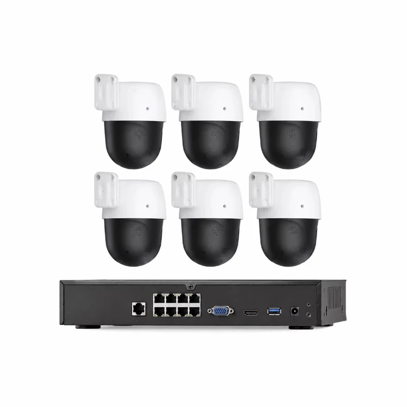 4K H.265 PoE NVR security system, six 8MP CMOS PTZ cameras, automatic tracking, two-way audio
