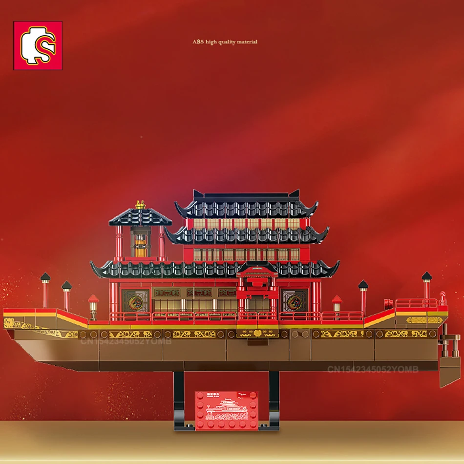 SEMBO Chinese Traditional Boat Attic Model Building Blocks City Creative Ship Ferry Roleplay Figures Bricks Toys for Chilren