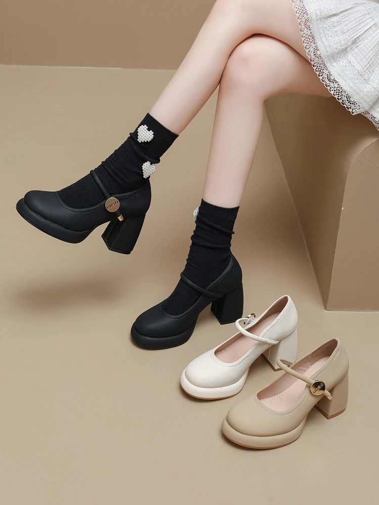Elegant White Mary Jane High Heels Women's Spring 2026 round Toe Thick Heel Fashion Single Shoes Comfortable Leather Shoes