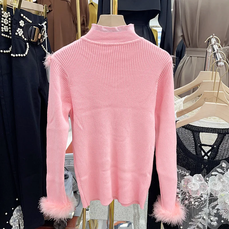 KUSAHIKI Fashion Fur Patchwork Chic Beads Knitwear Korean Stand Neck slim stretch Women Sweaters 2023 Autumn Winter Pull Femme