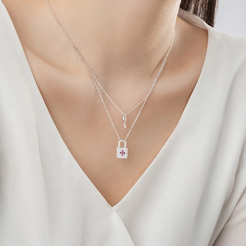 S925 Sterling Silver Purple Cross Zircon Lock Double layer Chain Necklace Shining Key Pendant Women's Anniversary Birthday