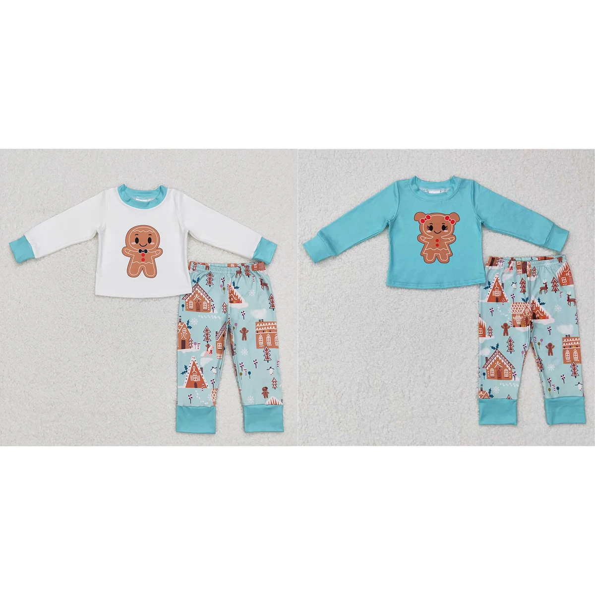 Wholesale Children Christmas Gingerbread Baby Boy Clothing Set Blue Cuffs Hot Sale Kids Outfit Infant Pajamas
