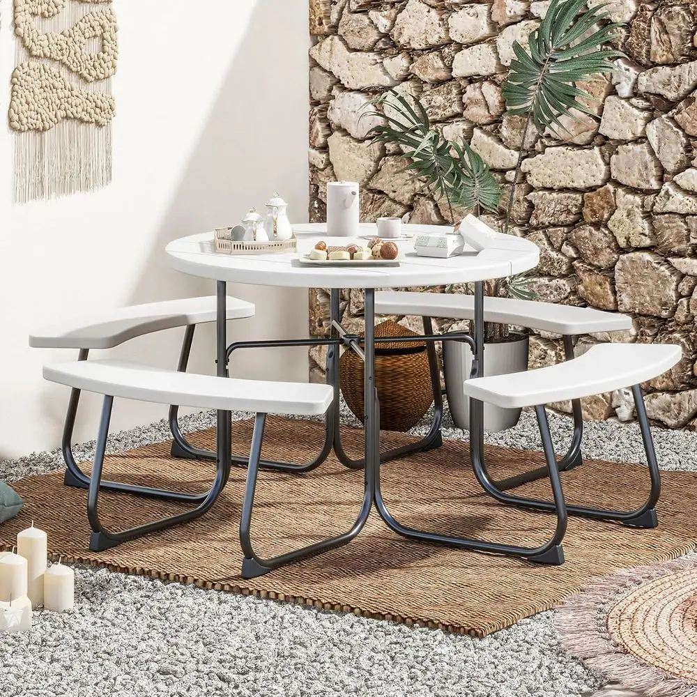 

Picnic Table Bench Set - Outdoor Table and Chairs with Umbrella Hole, HDPE Tabletop & Metal Frame, Dining Table Set, Outdoor Cam