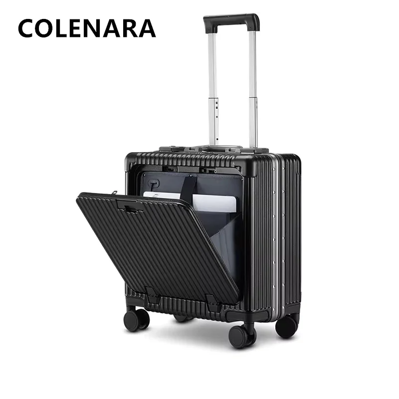 COLENARA High Quality 18 Inch Luggage Front Opening Laptop Boarding Case USB Charging Trolley Case Aluminum Frame Suitcase