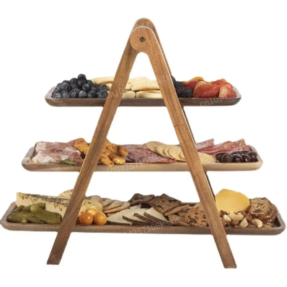 Rack de exibição de madeira para servir 3 camadas, bandejas de frutas e lanches, piquenique ao ar livre, acampamento, festa, sobremesa, decoração, quadro