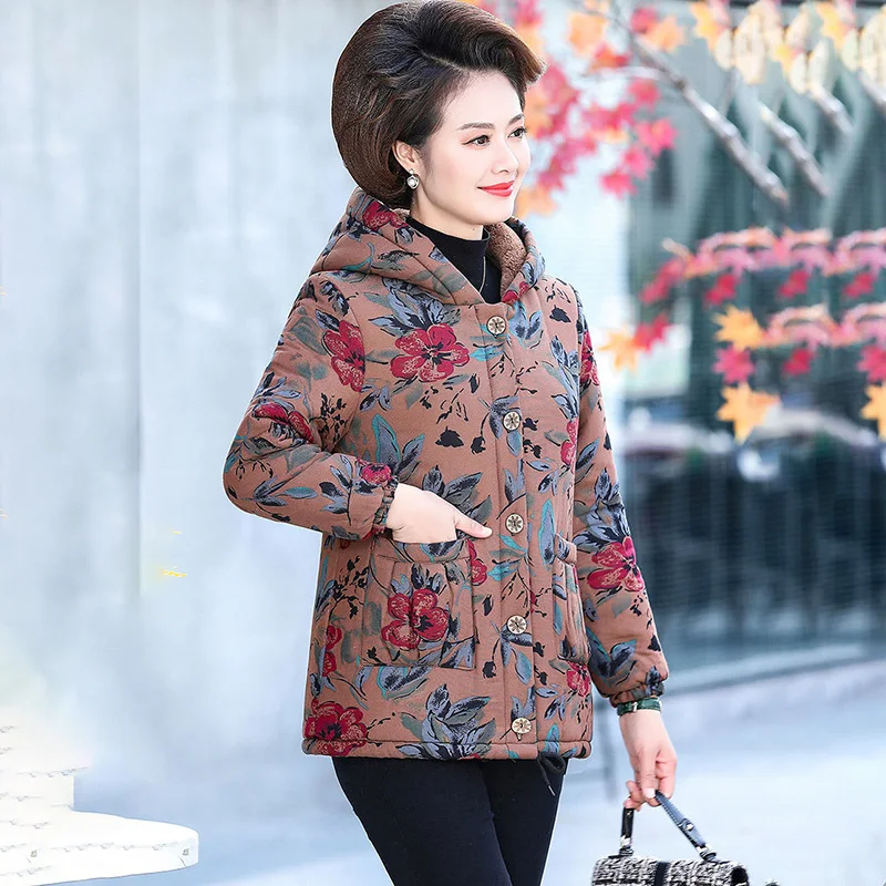 Mother Winter Down Cotton-padded Jacket 2024 New Middle-aged And Elderly Women Large Size Fleece Fashion Print Warm Coat Women6X