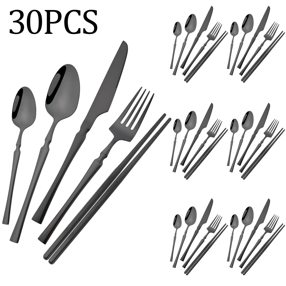 

30pcs Black Knife Fork Coffee Spoon Chopsticks Tableware Set Stainless Steel Dinnerware Set Mirror Western Kitchen Flatware