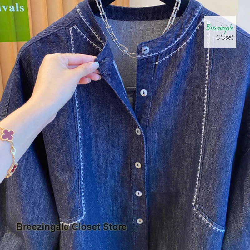 سترة قميص جينز برقبة دائرية متقدمة على الطراز الكوري للنساء للربيع والخريف سترة علوية رفيعة فضفاضة غير رسمية للغاية.