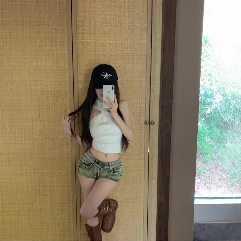 Y2K Vintage Low Waist Denim Shorts Women Summer Streetwear Washed Distressed Mini Jeans Sexy Bodycon Hot Pants for Club Party