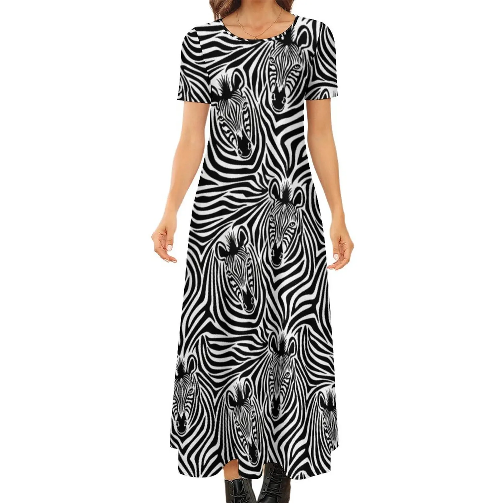 

Trendy Zebra Print Dress Black And White Cute Maxi Dress Short Sleeve Street Style Bohemia Long Dresses Graphic Oversize Clothes