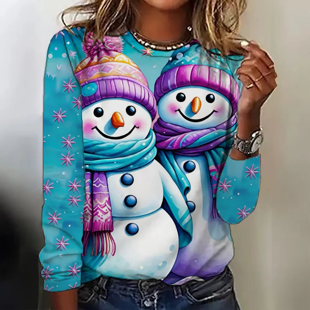 T-shirt à manches longues imprimé bonhomme de neige de Noël pour femmes, dessin animé mignon, col rond, vêtements colorés, automne, hiver, 2024