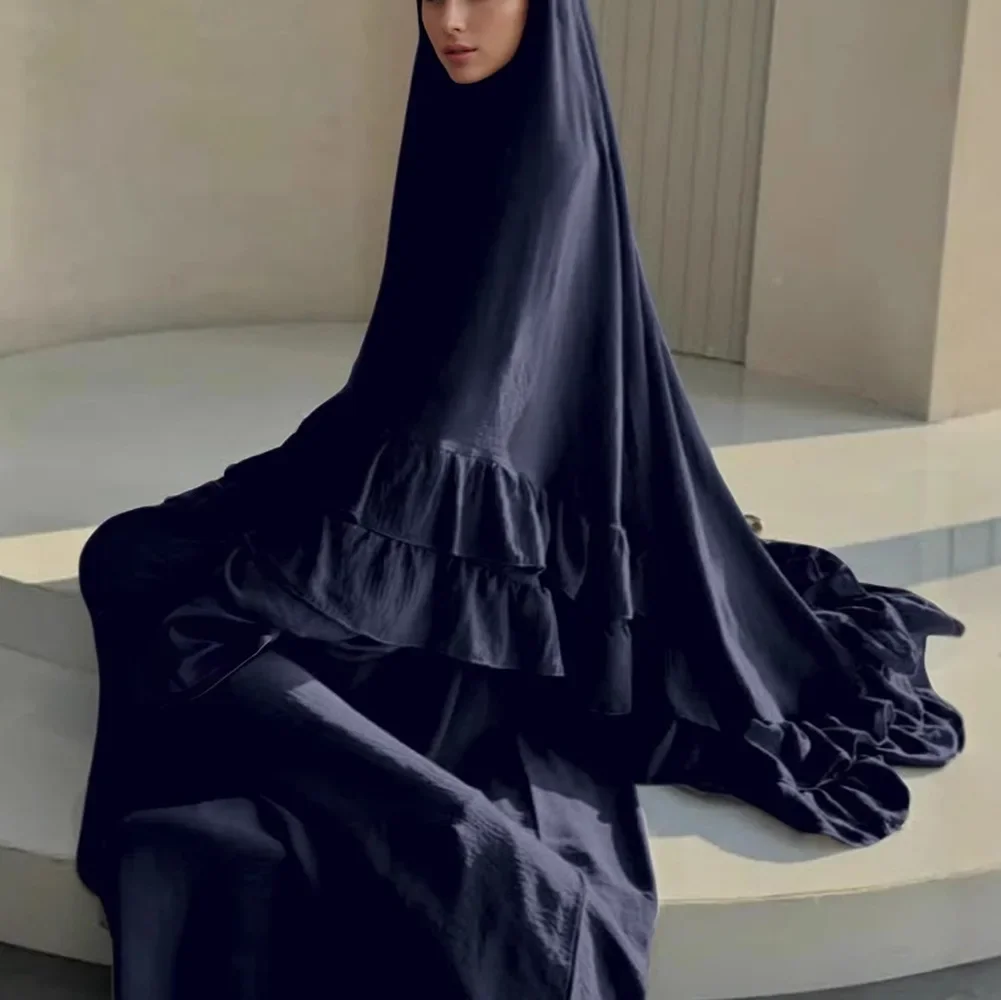 2PCS Ramadan Muslim Women Khimar Jalabiya Ruffle Prayer Garment Islam Clothing Turkey Kaftan Hijab Dress Arabic Robe Niqab Abaya