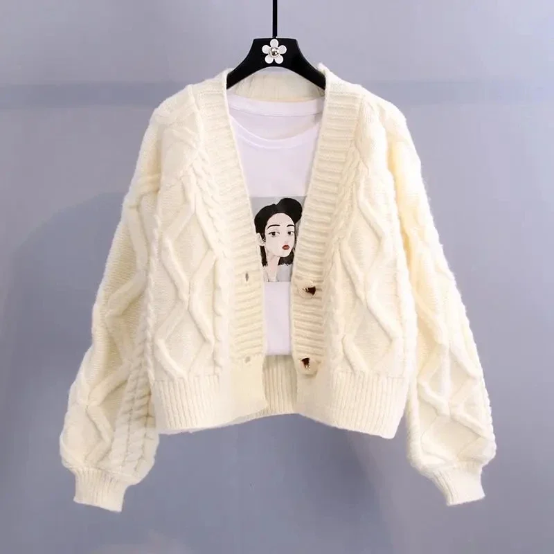 

Twist Short V-Neck Single-breasted Knitted Women's Cardigan Solid Casual Korean Fashion Long Sleeve Female Cardigan Winter G269