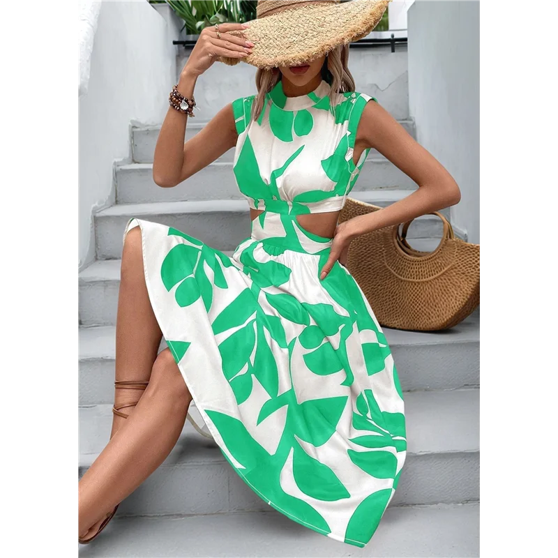 【Decoração de festa】 Vestido feminino de verão com estampa floral recorte manga morcego gola redonda evasê vestido midi de cintura alta