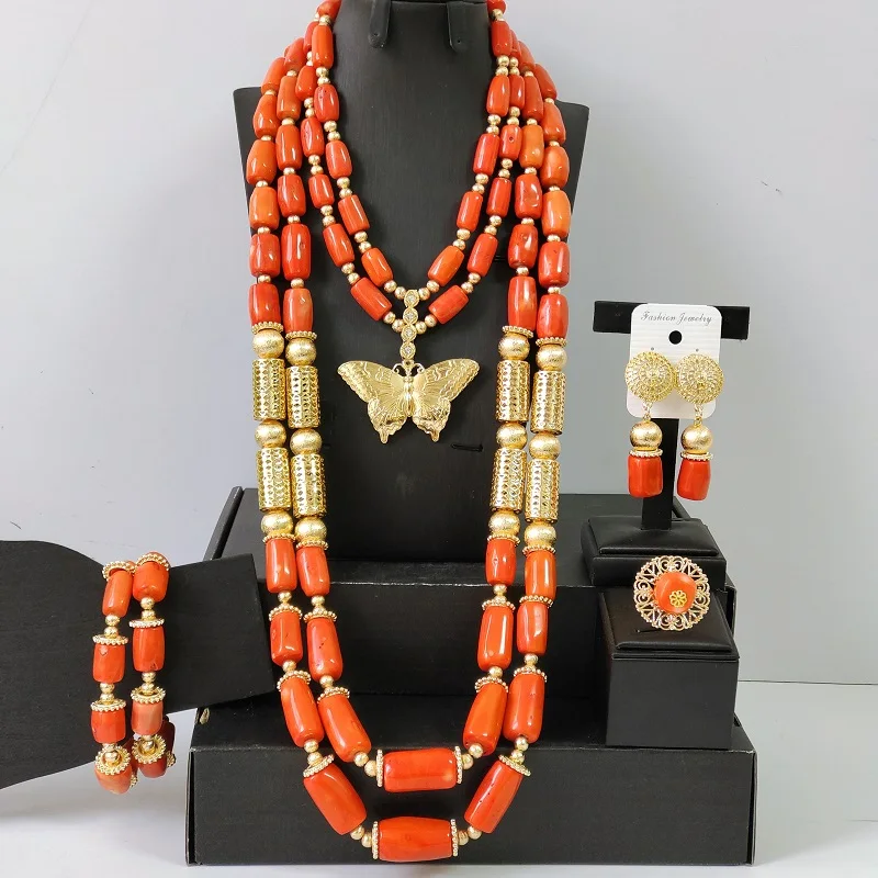 

New 2026 orange original coral beads jewelry set nigerian traditional wedding accessories