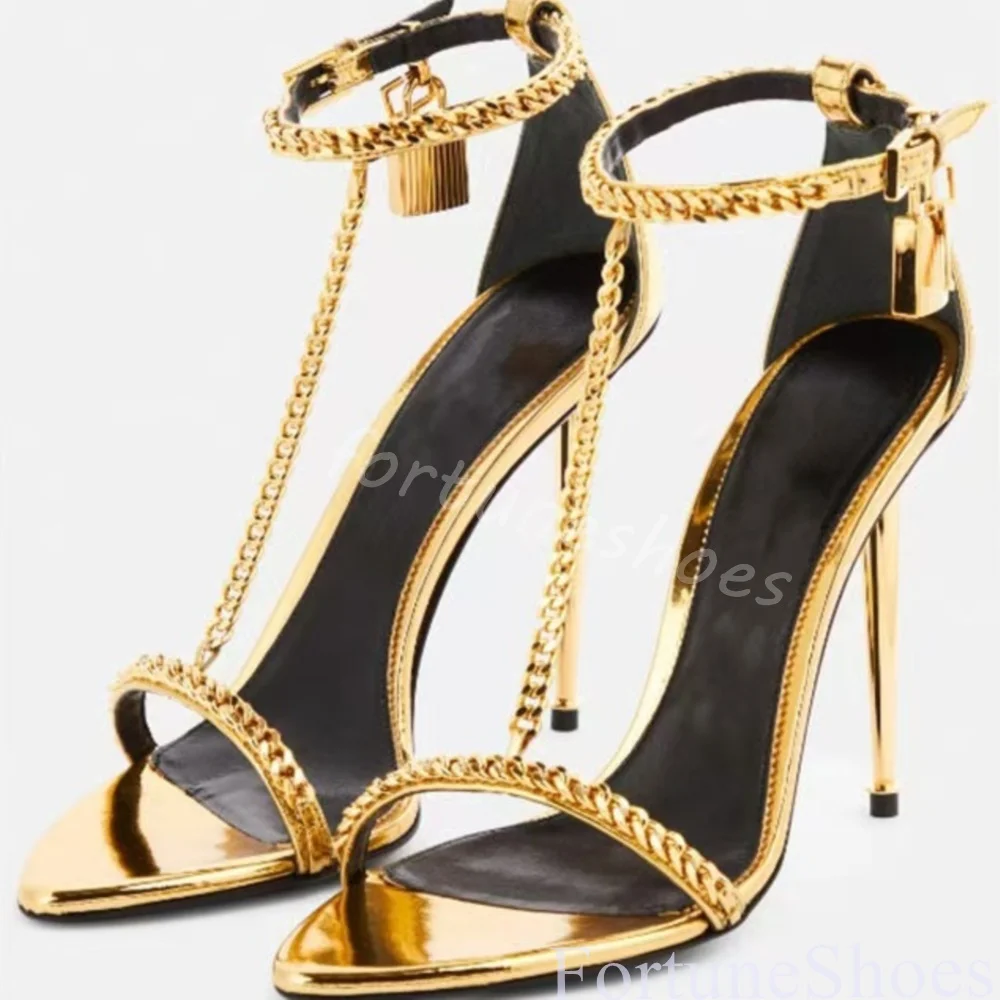 

One Word Belt Gold Metal Chain High Heels Women Sexy Pointed Toe Stiletto Heel Ankle Strap Sandals Summer Luxury Gold Lock Pumps