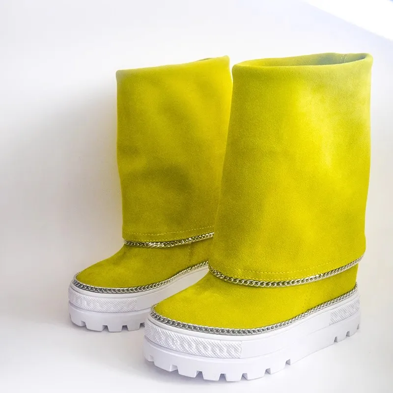 Yellow Platform Casuals Thicken Sole Inner Height Increasing Boots Pink Suede Chains Edge Hidden Wedge Round Toe Woman Mid Boots