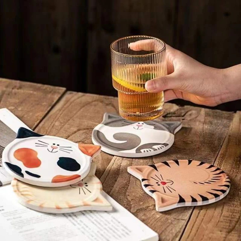 Cute Cat Shaped Absorbent Ceramic Coaster, Cartoon Kitten Drink Coaster Heat Resistant Home Table Decor Gift for Cat Lovers
