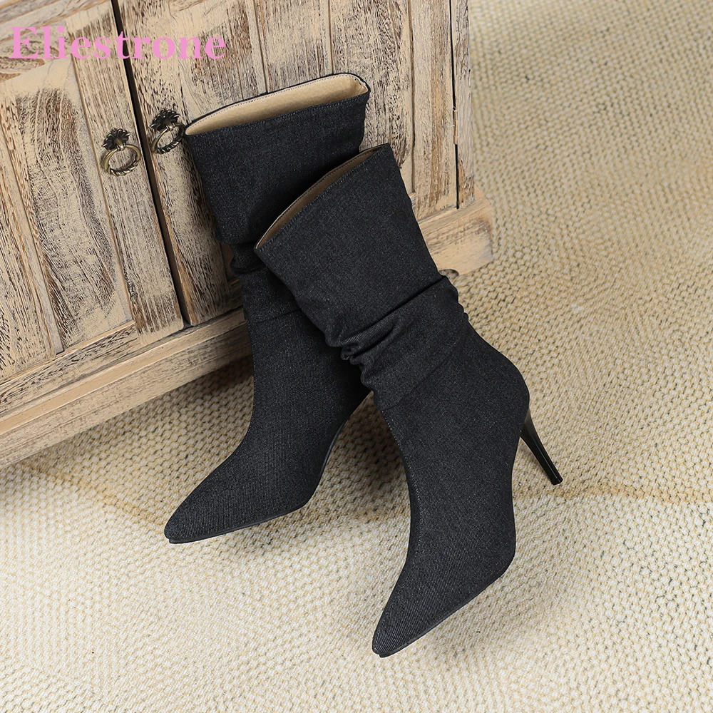 

2025 Новые зимние элегантные черные, синие женские ботинки до середины икры, женские модельные туфли на высоком каблуке-шпильке, большие размеры 10,3, 45, 48