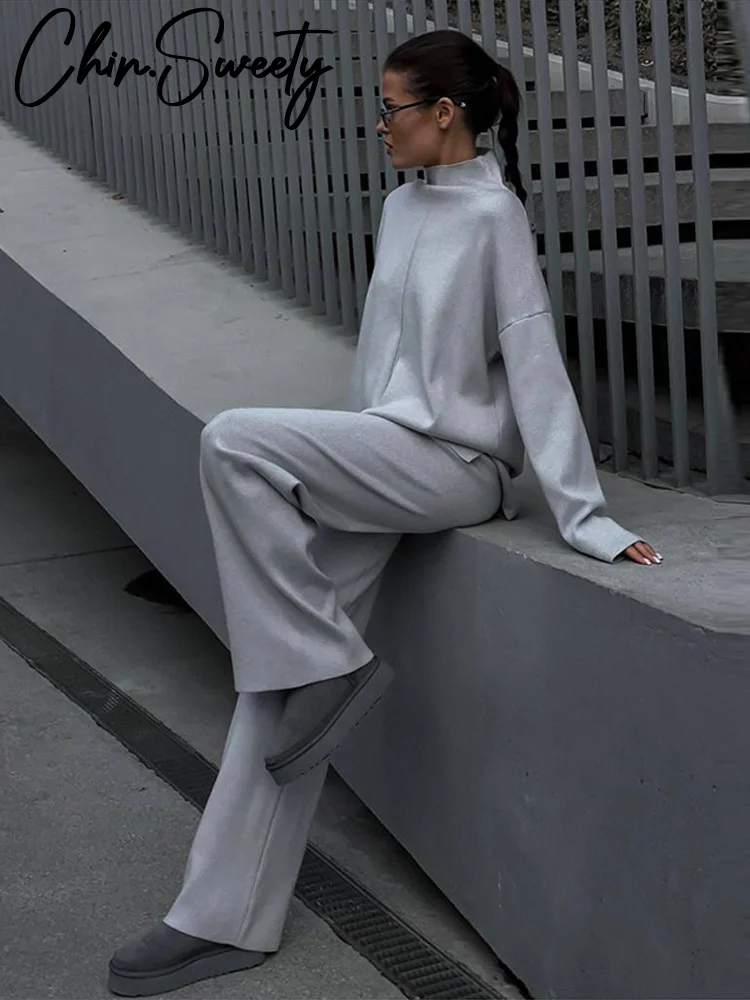 

Elegant Solid Turtleneck Women Sweatshirt Set Long Sleeves Wide Leg High Waist Female Trousers Sets 2025 Autumn Lady Suit New