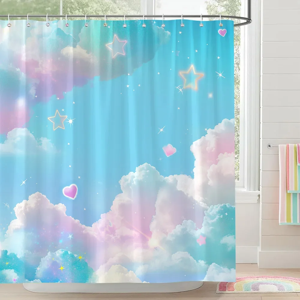 Rainbow Castle Pink Bow Shower Curtain Love Hearts Stars Stripes Colourful Clouds Polyester Fabric Shower Curtain Bathroom Decor