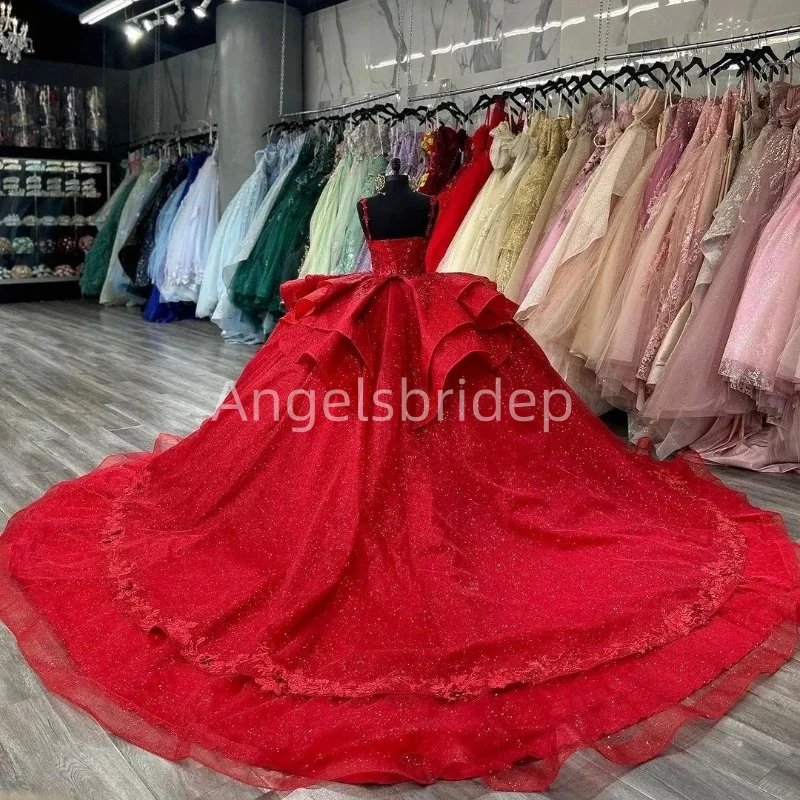 Angelsbride Red Quinnceanera Dress Ball Gown Glitter Appliques Beading Tiered Spaghetti Straps Sweet 16 Vestidos De 15 Anos