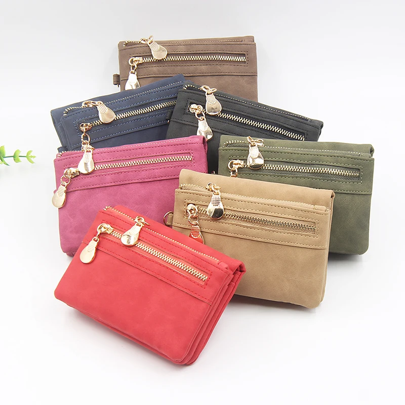 Vintage small double folding zipper with wrist strap short wallet, PU leather portable multi card wallet, with ID window