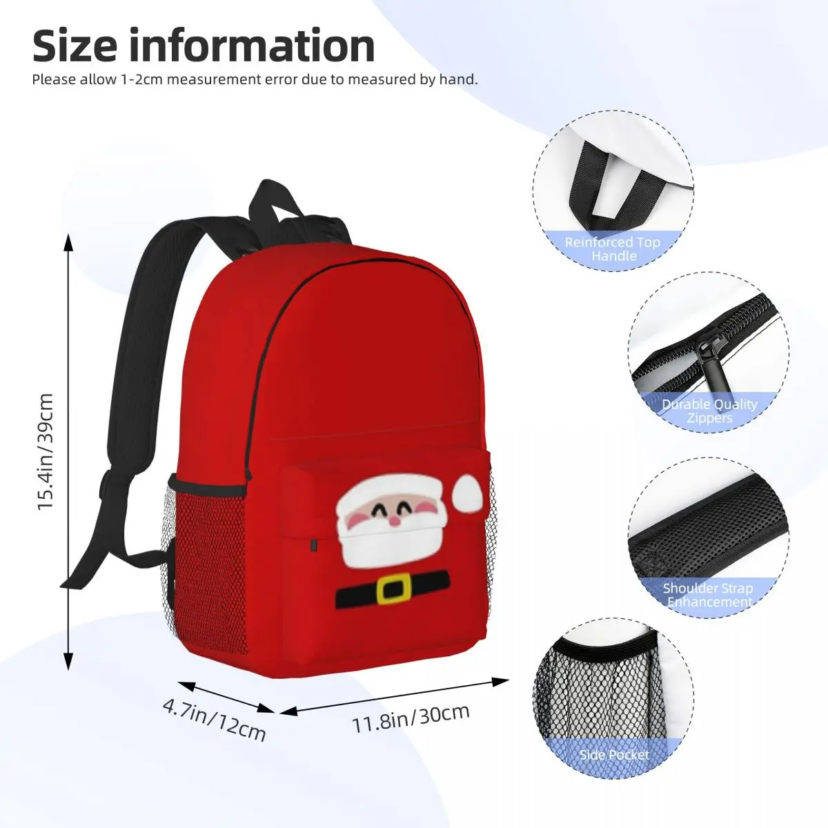 Merry Christmas Santa Claus For Girls,kids,boys Large Capacity Student Backpack Cartoon School Backpack 15inch