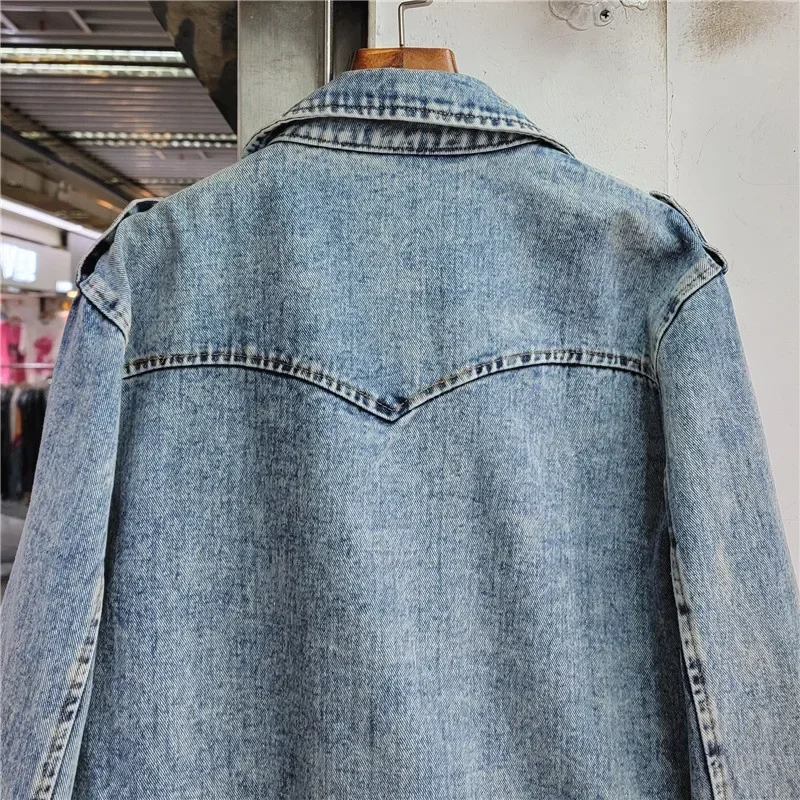 Streetwear diamants Rivet grande poche à manches longues veste en jean femmes décontracté Cowboy vêtements d'extérieur en vrac court jean veste manteau femme