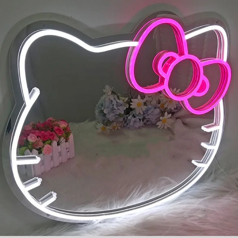 Hello kitty Neon Mirror Mirror Decoration Indoor Outdoor Ambient Styling Light Night Light Luminous Mirror Wall Bedroom Decor