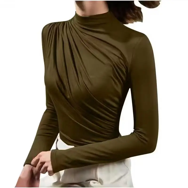 

Elegant Pure Color Base Layer Top Half High Collar Versatile Spring Autumn Slimming Smart Style Women's Long Sleeve Blouse