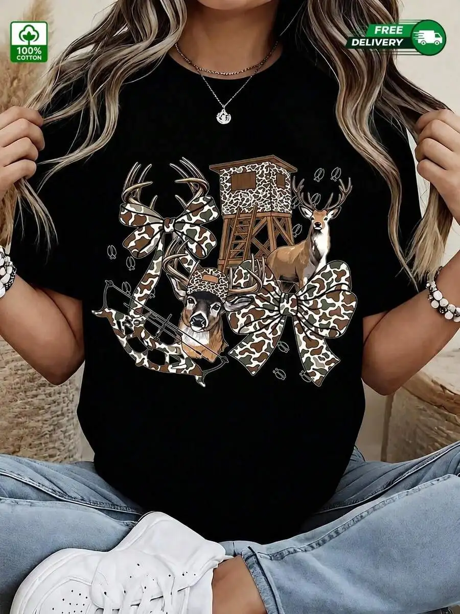 Women's Fall Crew Neck Short Sleeve T-Shirt, 100% Cotton Casual Top With Hunting Deer Camo Bow Archery Graphic Print, Soft Breathable Fabric, Great Gift For Female Hunters & Archery Lovers