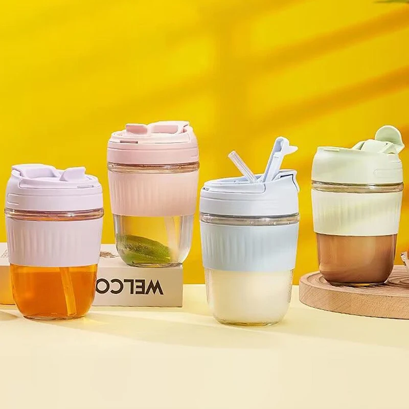 Portable 350/500ML Glass Water Bottle With Straw Coffee Mug Tea Cup Drinkware Leakproof Drinking Cup For Outdoor Travel