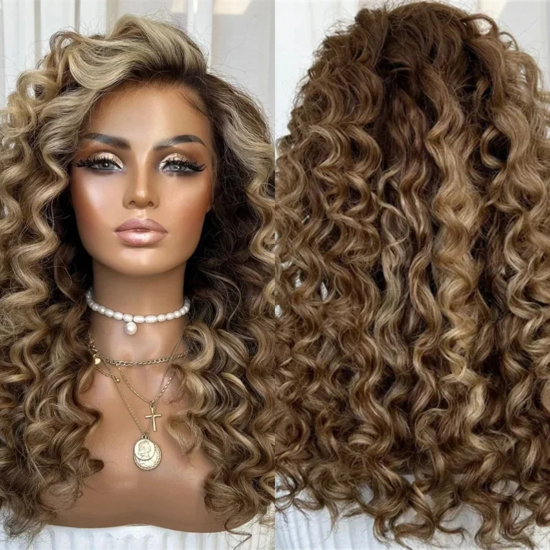 

Ombre Brown with Blonde Streaks Highlights Synthetic HD Lace Front Wig Natural Preplucked Hairline For Women Long Deep Curly Wig