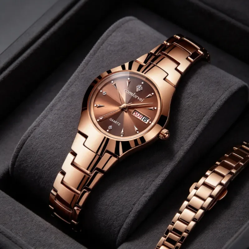 comlorvei Ladies Quartz Wrist Watch, Curved Integrated Metal Bracelet Watch, Dual Day Date Display Rhinestone Dial Women Watch