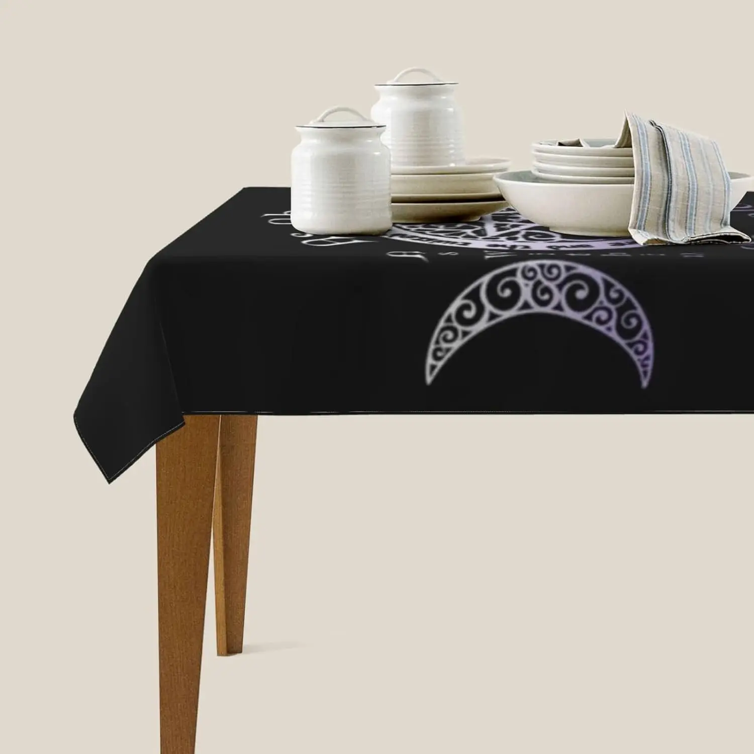 Wiccan Pagan Witch Moon Pentagram Rectangle Tablecloth Holiday Party Decor Washable Black Geometric Table Cloths for Table Decor