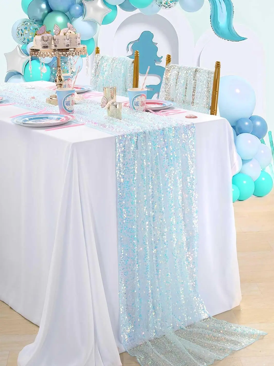 

Light Blue Table Runner 25X120inch 2 Packs Iridescent Mermaid Table Runners for Mermaid Birthday Under The Sea Party Decorations