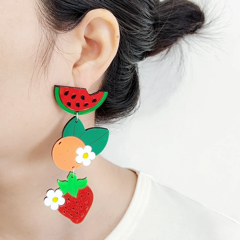 KUGUYS Large Long Fruits Dangling Earrings For Women Glitter Mirror Acrylic Hyperbole Jewellery Accessories