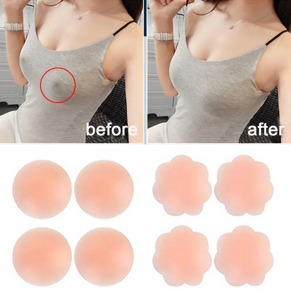 Cache-tétons en Silicone auto-adhésif réutilisable, 4 paires, tampons de soutien-gorge couleur naturelle, autocollants de mamelon de taille unique