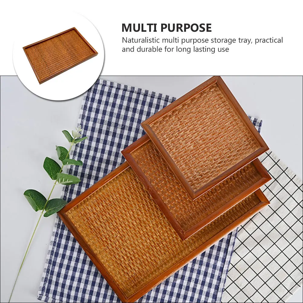 

1pc Solid Wood Tea Tray Handmade Rattan Woven Brown Multi-Purpose Storage Serving Tray For Tea Set Fruit Dessert Coffee Cup