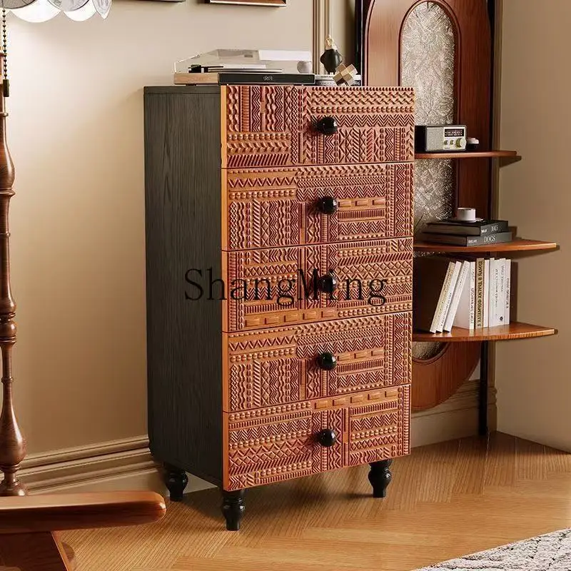 

CL Black Retro Carved Sideboard Storage Cabinet Large Capacity Living Room Retro Five-Drawer Vintage Style Chest of Drawers