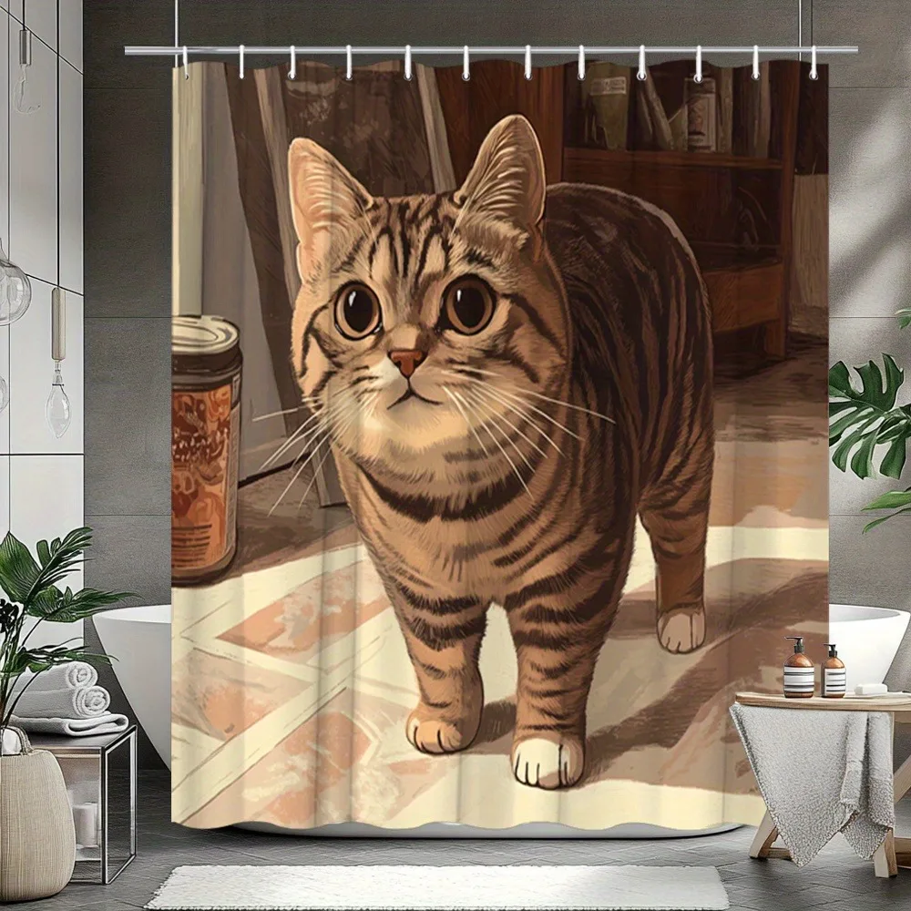 

Занавеска для душа с милым полосатым рисунком кота, моющаяся грязеотталкивающая насадка для душа, водонепроницаемая полиэстеровая занавеска для ванны для домашнего декора