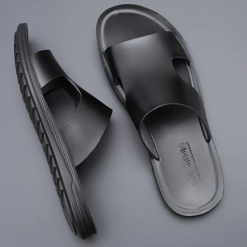 Summer New Fashion Men Shoes Vintage Real Leather Non-slip Beach Slip-On Sandals Travel Flip Flop Slippers Black Blue